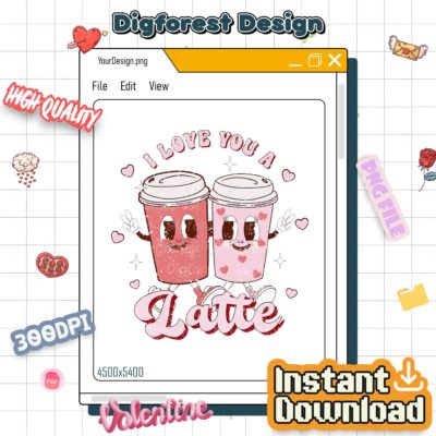 Latte Valentine PNG – Retro Coffee Lover Design, Donut Love Hearts Art, Women’s Valentine Gift Digital Download