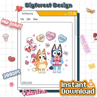 Bluey Valentine PNG – Bluey & Bingo Love Day Design, Family Matching Art, Kids Heart Style Digital Download