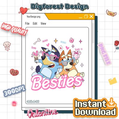 Bluey & Bingo Besties Valentine PNG – Blue Dog Best Friends Love Art, Kids Matching Design, Digital Download