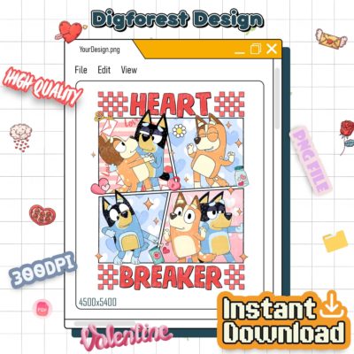 Bluey Valentine Heart Breaker PNG – Blue Dog Friend Love Design, Cute Kids Art, Valentine Digital Download