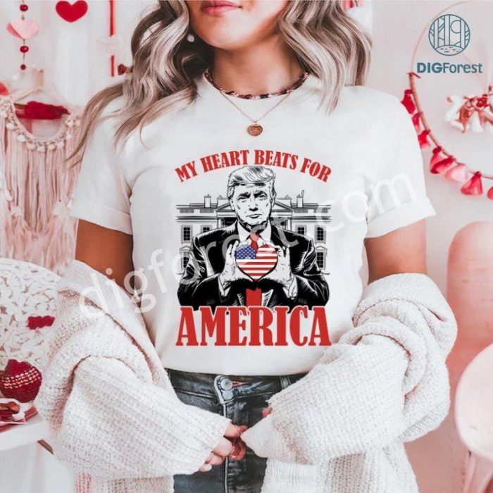 My Heart Beats For America Long Sleeve T-Shirt | Trump Valentine’s Day Shirt | USA Flag Patriotic Shirt | Valentine Gift for Trump Supporters