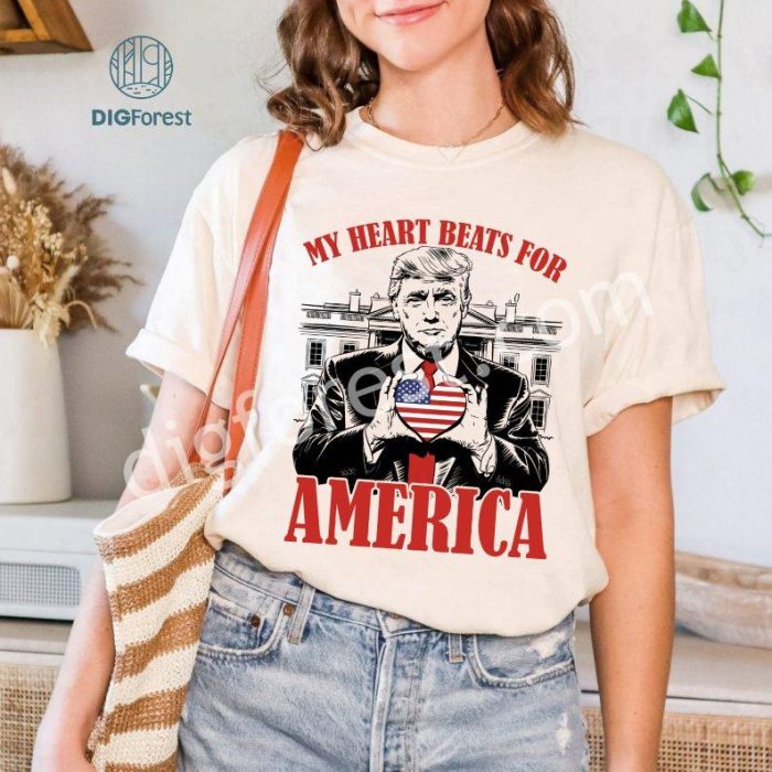 My Heart Beats For America Long Sleeve T-Shirt | Trump Valentine’s Day Shirt | USA Flag Patriotic Shirt | Valentine Gift for Trump Supporters