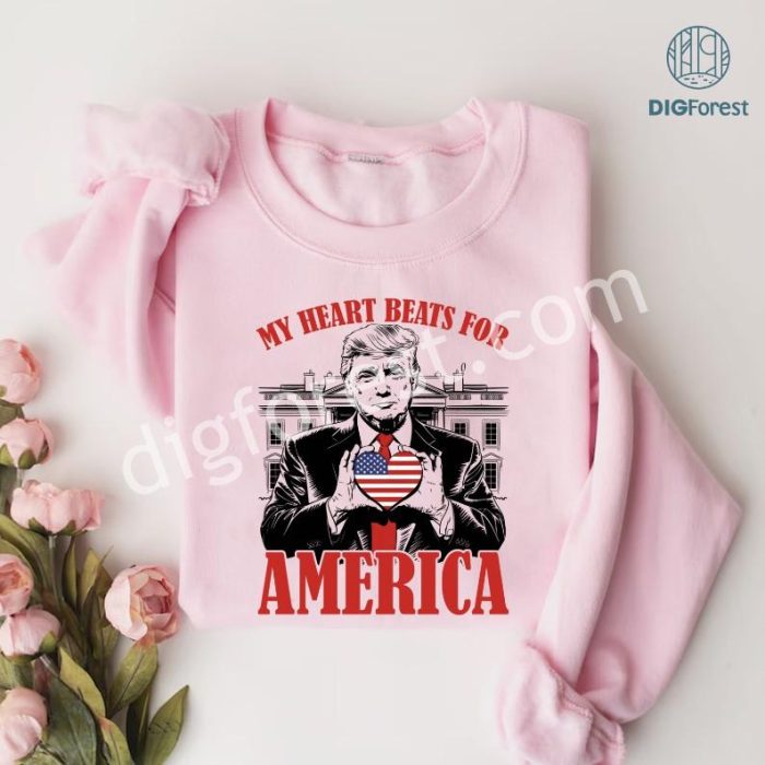 My Heart Beats For America Long Sleeve T-Shirt | Trump Valentine’s Day Shirt | USA Flag Patriotic Shirt | Valentine Gift for Trump Supporters