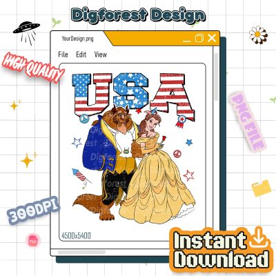 Disney Beauty and the Beast 4th of July PNG | Belle & Beast Couple | USA Flag Sunglasses | Matching Family