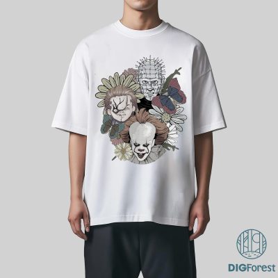 Retro Floral Halloween PNG – Pennywise, Chucky, Pinhead Horror Movie Design, Fall Shirt, Halloween Gift Download
