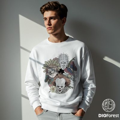Retro Floral Halloween PNG – Pennywise, Chucky, Pinhead Horror Movie Design, Fall Shirt, Halloween Gift Download