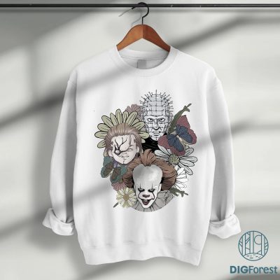 Retro Floral Halloween PNG – Pennywise, Chucky, Pinhead Horror Movie Design, Fall Shirt, Halloween Gift Download