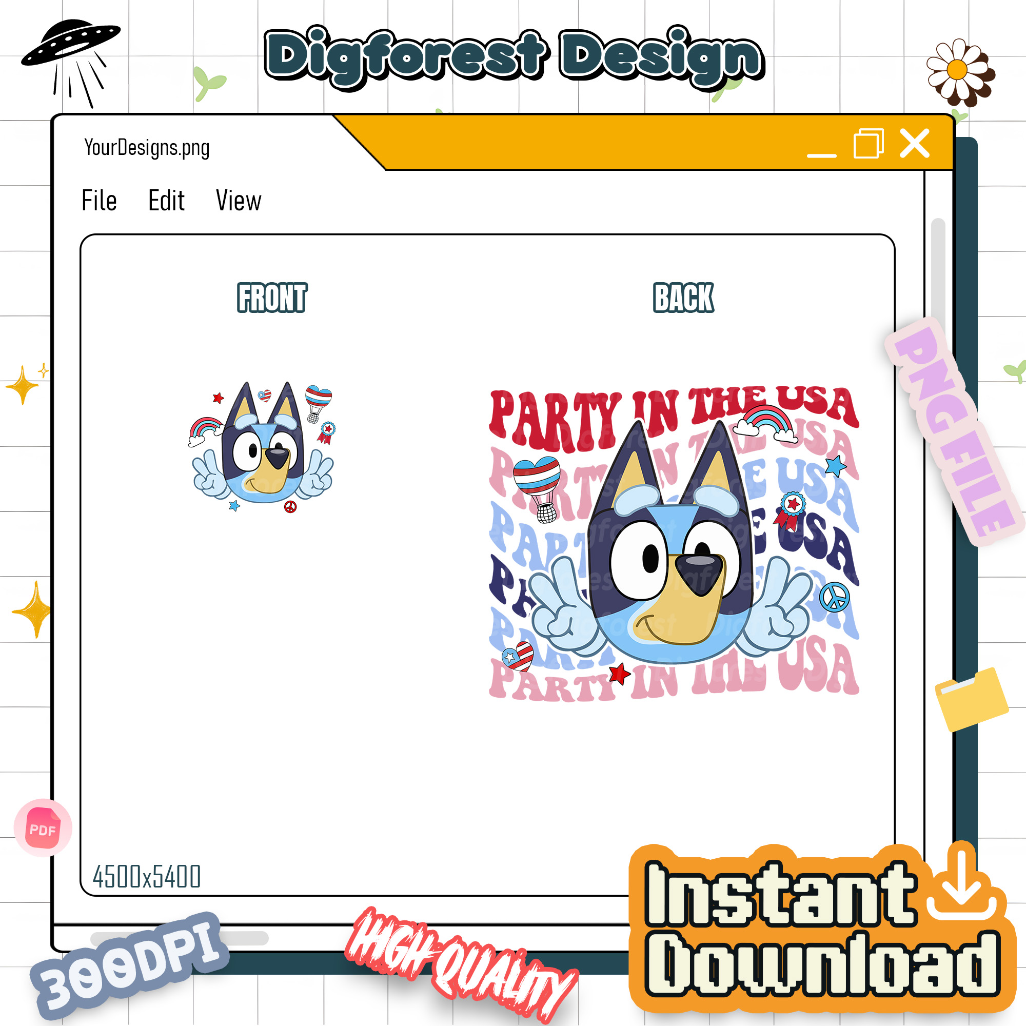 Bluey Party in the USA PNG, Red White and Bluey Shirt Design, Bluey and Bingo 4th of July Clipart, Heeler Family Instant Download