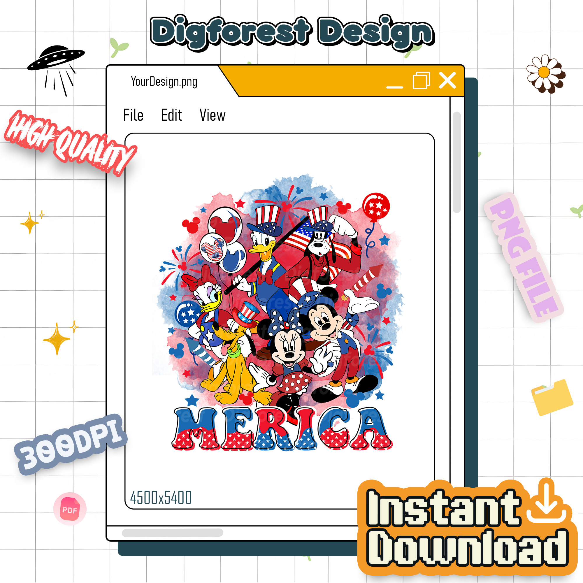 Disney Mickey & Friends 4th of July PNG | Patriotic Est. 1776 Design | Mickey American Independence Day Instant Download