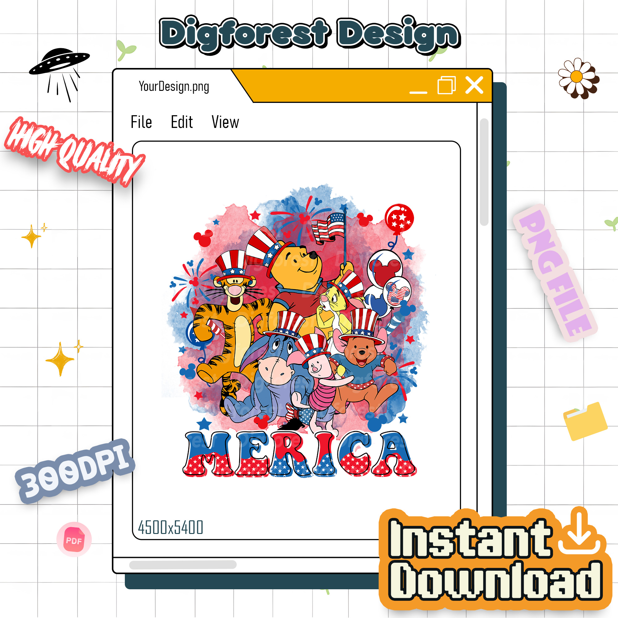 Disney Winnie the Pooh 4th of July PNG | Pooh, Tigger & Piglet | America Independence Day Instant Download