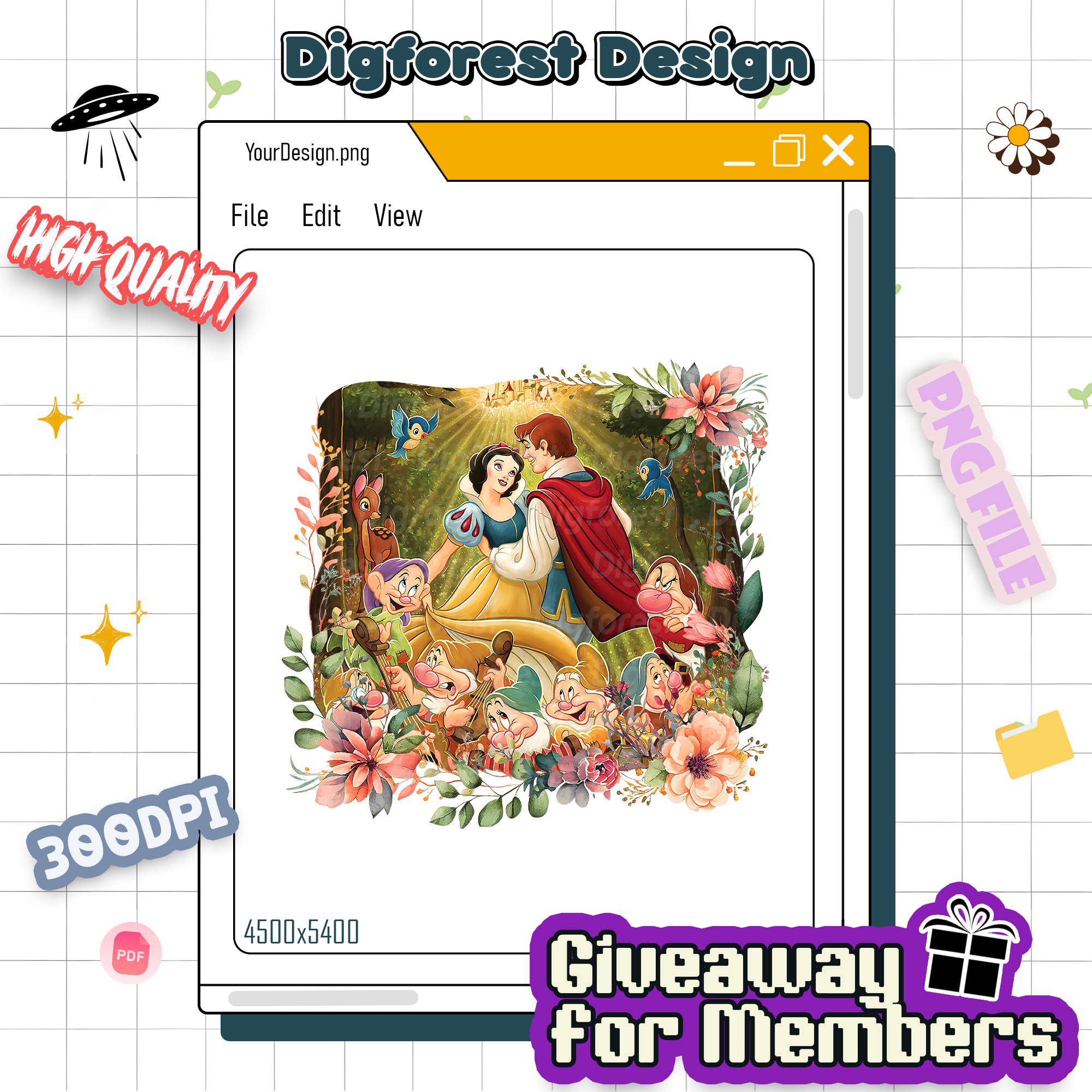 Vintage Floral Princess Snow White and Prince Florian PNG | Snow White Princess Lover Shirt | Snow White Fan Movie Sweatshirt | Bday Gift