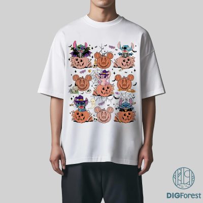 Magical Stitch & Angel Skeleton Pumpkin Halloween Shirt | Cute Disneyland Halloween Family Tee | Spooky Season Shirt