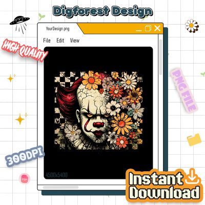 Retro Pennywise IT Killer Halloween PNG – Floral Coquette Horror Movie Shirt, Halloween Characters Design