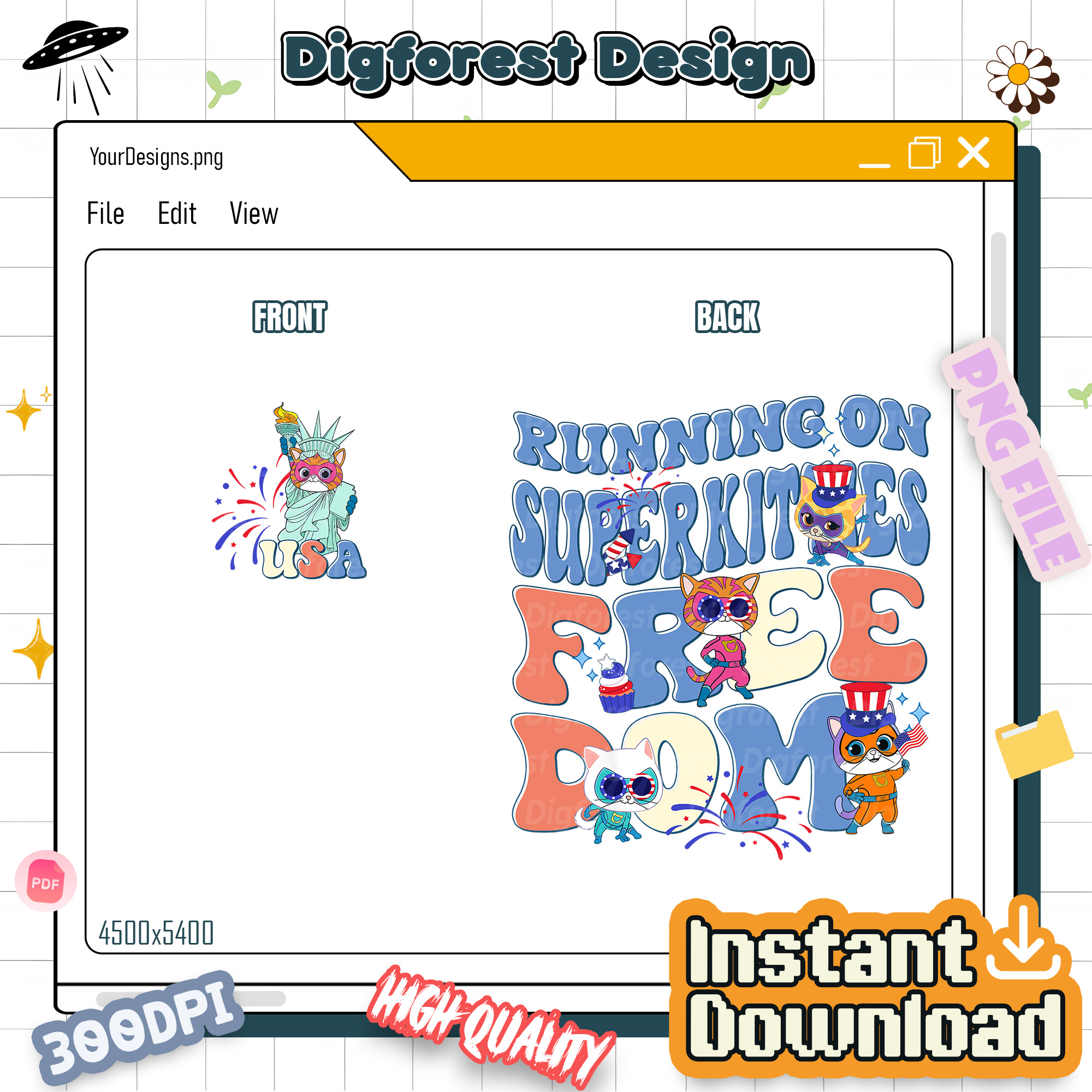 Superkitties 4th of July PNG | Running on Superkitties & Freedom | Independence Day USA Instant Download