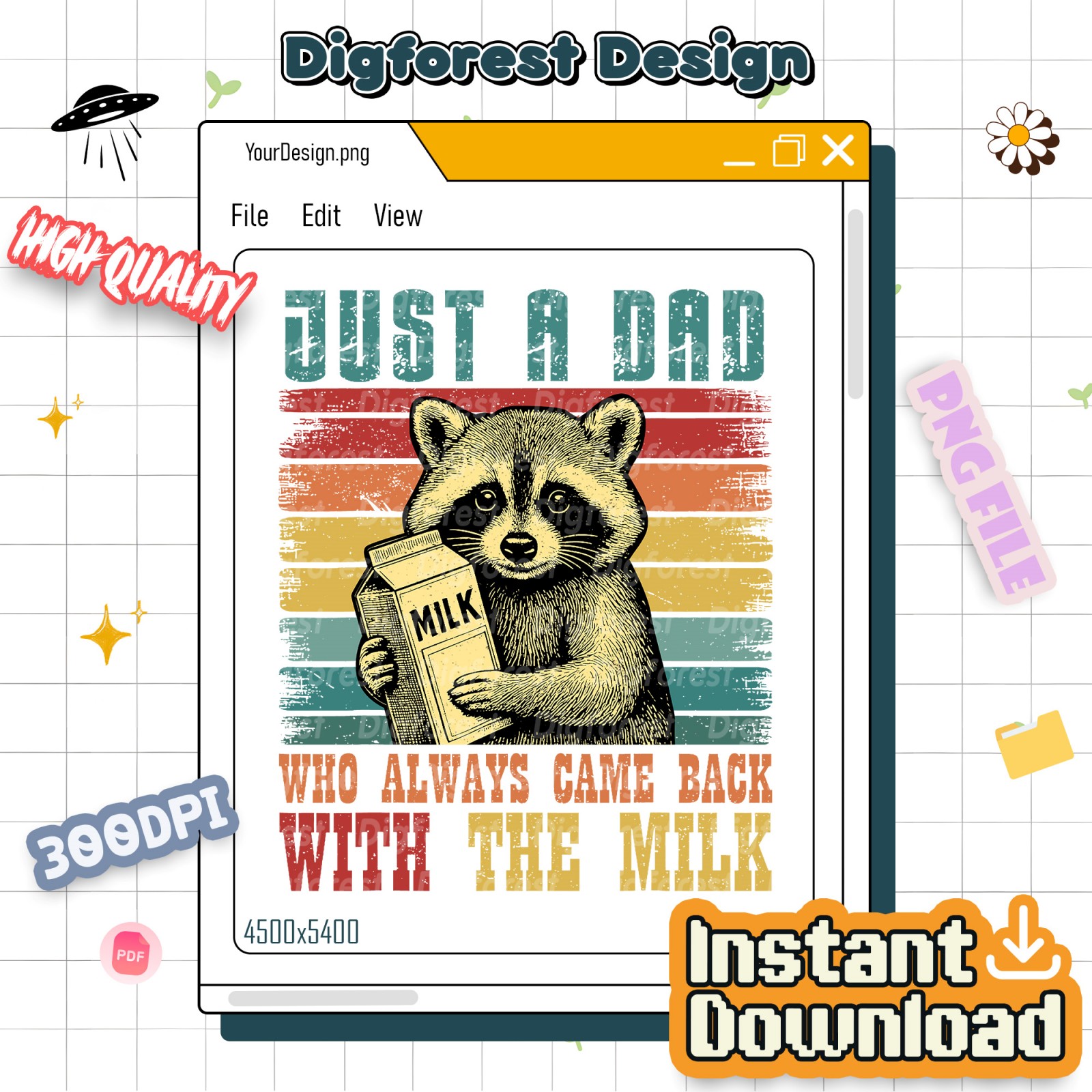 Vintage Raccoon "Just A Dad Who Always Came Back With The Milk" Png, Retro Dad Tee, Funny Father’s Day Gift Shirt