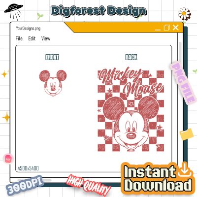 Retro Disneyworld Characters PNG Bundle – Mickey, Minnie, Donald, Daisy, Goofy, Pluto Checkered Clipart