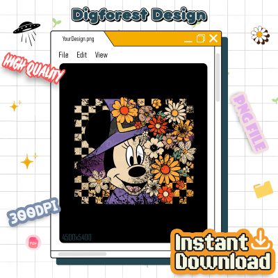 Retro Minnie Halloween PNG – Floral Coquette Horror Movie PNG, Minnie Mouse Witch Hat Halloween Character Design