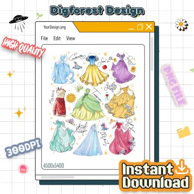 Retro Watercolor Disneyland Princess Dress PNG – Aurora Ariel Belle Cinderella Tiana PNG, Girls Trip PNG