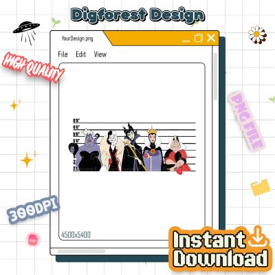 Disneyland Villains Characters Mugshot Squad PNG – Ursula, Cruella, Evil Queen, Maleficent, Magic Kingdom Trip Design