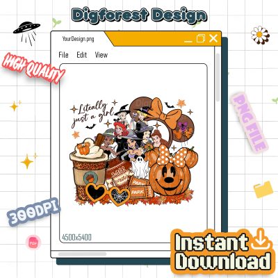 Disney Literally Just A Girl Halloween PNG – Minnie Bow Coffee, Pumpkin Fall, Disneyland Halloween, Girl's Trip Design