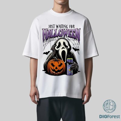 Just Waiting for Halloween PNG – Funny Skeleton Pumpkin, Spooky Fall Graphic, Retro Halloween, Women’s Gift Design
