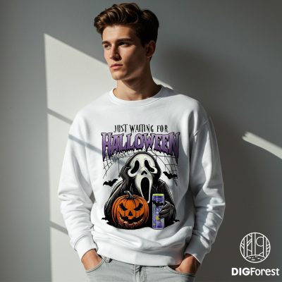 Just Waiting for Halloween PNG – Funny Skeleton Pumpkin, Spooky Fall Graphic, Retro Halloween, Women’s Gift Design