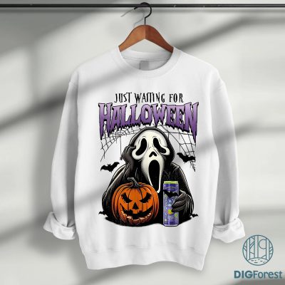 Just Waiting for Halloween PNG – Funny Skeleton Pumpkin, Spooky Fall Graphic, Retro Halloween, Women’s Gift Design