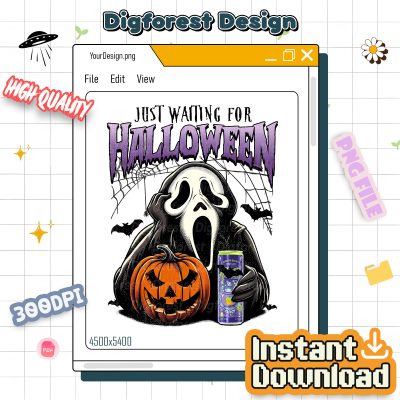 Just Waiting for Halloween PNG – Funny Skeleton Pumpkin, Spooky Fall Graphic, Retro Halloween, Women’s Gift Design
