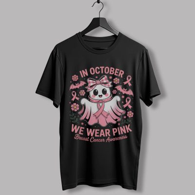 In October We Wear Pink Ghost PNG – Breast Cancer Awareness, Pink Ribbon, Halloween Ghost, Spooky Season Design