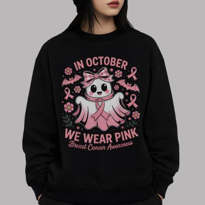 In October We Wear Pink Ghost PNG – Breast Cancer Awareness, Pink Ribbon, Halloween Ghost, Spooky Season Design