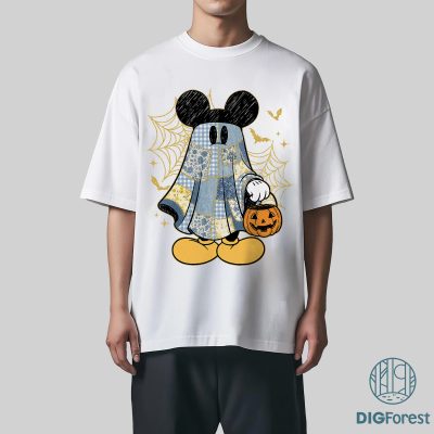 Retro Mickey Halloween PNG – Floral Mouse Couple PNG, Denim Ghost PNG, Spooky Cartoon Matching PNG
