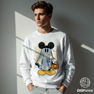 Retro Mickey Halloween PNG – Floral Mouse Couple PNG, Denim Ghost PNG, Spooky Cartoon Matching PNG