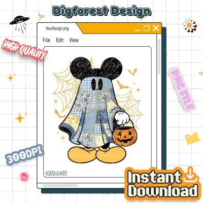 Retro Mickey Halloween PNG – Floral Mouse Couple PNG, Denim Ghost PNG, Spooky Cartoon Matching PNG