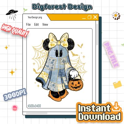 Retro Minie Halloween PNG – Floral Mouse Couple PNG, Denim Ghost PNG, Spooky Cartoon Matching PNG