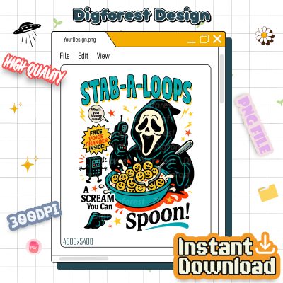 Stab-A-Loops Horror Cereal PNG – Ghostface Halloween PNG, Scary Movie Cereal Box Art, Spooky Retro Vintage PNG