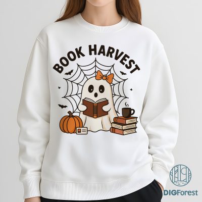 Retro Halloween Bookshelf PNG - Boo Ghost Reading Book, Cute Halloween Sublimation, Spooky Book Lover PNG