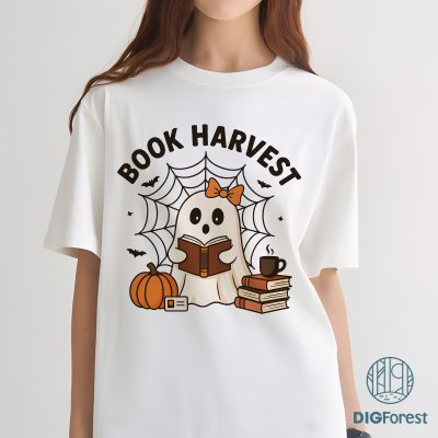 Retro Halloween Bookshelf PNG - Boo Ghost Reading Book, Cute Halloween Sublimation, Spooky Book Lover PNG
