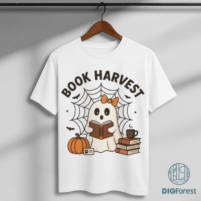 Retro Halloween Bookshelf PNG - Boo Ghost Reading Book, Cute Halloween Sublimation, Spooky Book Lover PNG