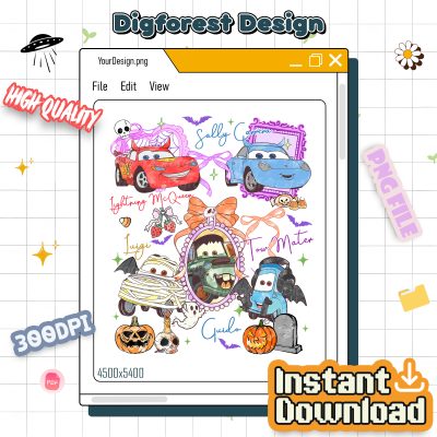 Coquette Bow Cars Halloween PNG - Lightning McQueen Mater Doc Hudson Sally Carrera Halloween PNG,