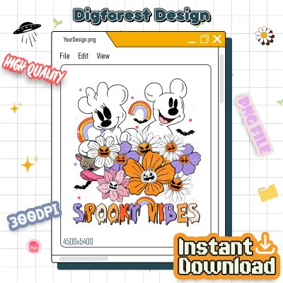 Retro 80s Mickey Minnie Floral Ghost Halloween PNG - Disney Halloween Collection, Vintage Fall Design, Party Gift PNG