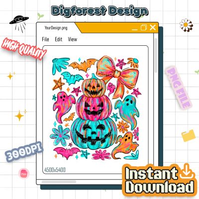 Preppy Neon Halloween Pumpkin Ghost PNG - Coquette Halloween Bow, Girly Spooky Pumpkin, Cute Halloween PNG