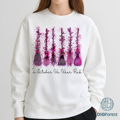 In October We Wear Pink PNG - Retro Witches Cancer Coquette, Breast Cancer Halloween Witch Broom, Awareness