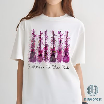 In October We Wear Pink PNG - Retro Witches Cancer Coquette, Breast Cancer Halloween Witch Broom, Awareness
