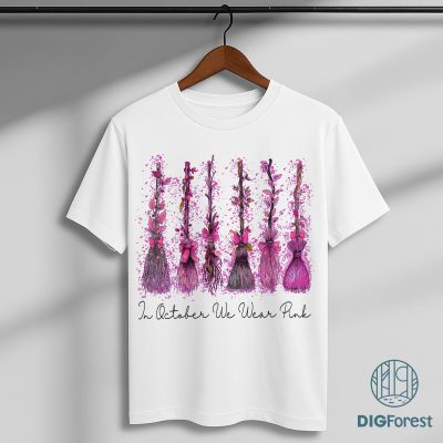 In October We Wear Pink PNG - Retro Witches Cancer Coquette, Breast Cancer Halloween Witch Broom, Awareness
