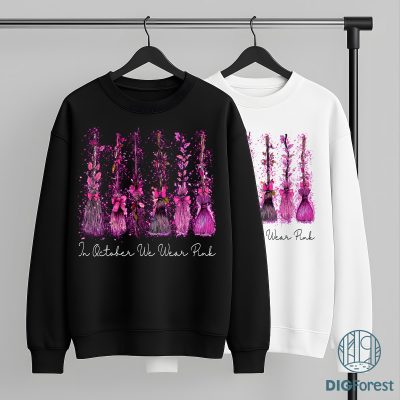 In October We Wear Pink PNG - Retro Witches Cancer Coquette, Breast Cancer Halloween Witch Broom, Awareness