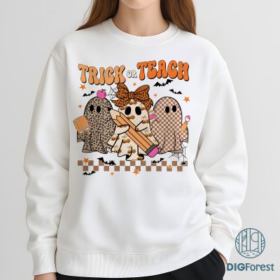 Spooky Teacher Halloween PNG - Teacher Shirt Design, Pink Leopard Ghost Teacher, Trick Or Teach, Teacher Pencil Bow