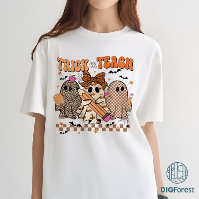 Spooky Teacher Halloween PNG - Teacher Shirt Design, Pink Leopard Ghost Teacher, Trick Or Teach, Teacher Pencil Bow