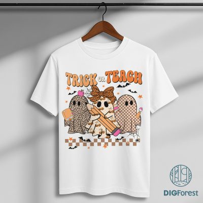 Spooky Teacher Halloween PNG - Teacher Shirt Design, Pink Leopard Ghost Teacher, Trick Or Teach, Teacher Pencil Bow
