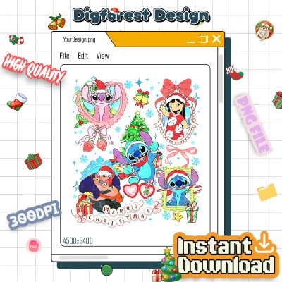 Watercolor Lilo & Stitch Christmas PNG, Coquette Bow PNG, Disneyland Family Xmas PNG, Cute Stitch Holiday PNG
