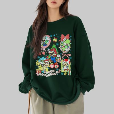 Watercolor Super Mario Christmas PNG, Coquette Bow PNG, Merry Christmas Mario Characters, Holiday Matching Gift